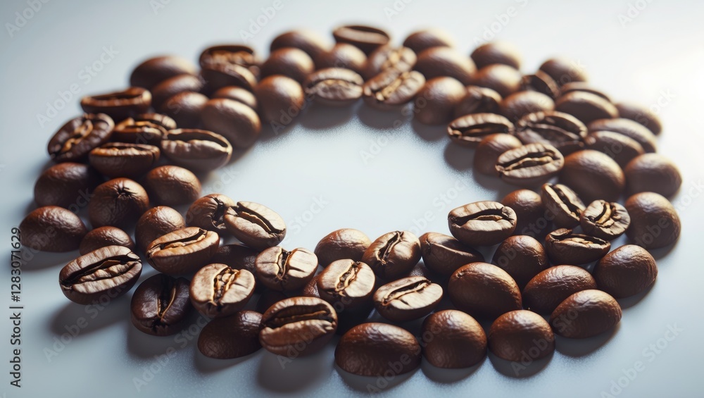 Poster circular arrangement of roasted coffee beans on a white background showcasing texture and depth in a
