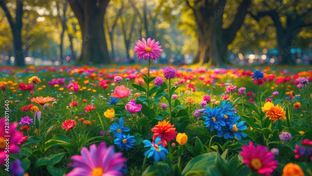 Aufkleber vibrant flower garden in a sunny park showcasing a diverse array of colorful blooms beneath lush gre