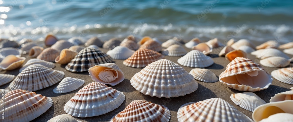 Aufkleber Vibrant Collection of Sea Shells on Beach Sand with Gentle Waves in Background Empty Space for Text Ideal for Coastal Themes and Designs