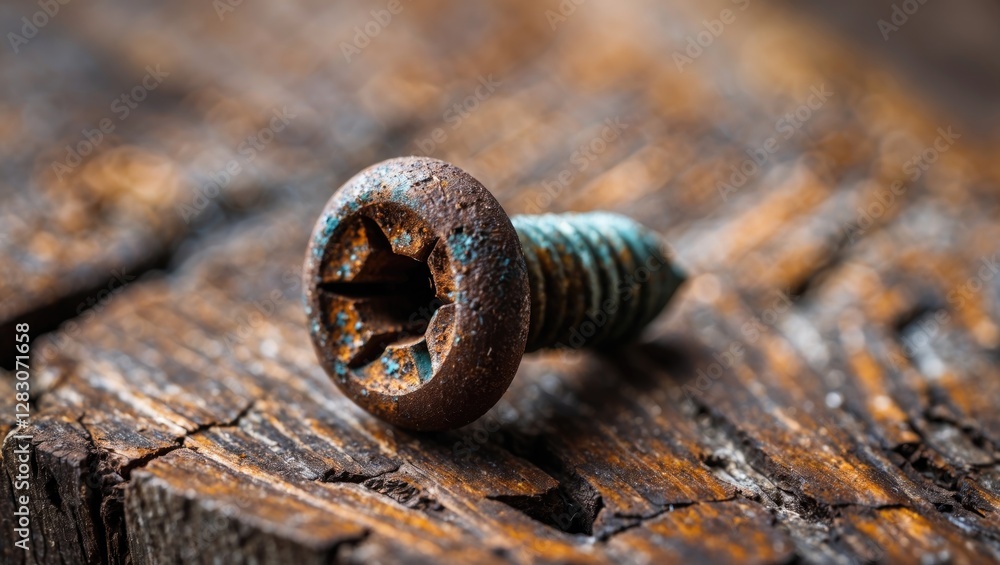 Poster Close up of a weathered rusty screw embedded in an aged wooden surface highlighting texture and decay for industrial or vintage themes.