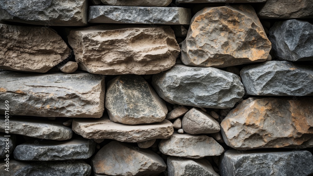Poster textured stone wall featuring a variety of natural stones in different shapes and sizes suitable for