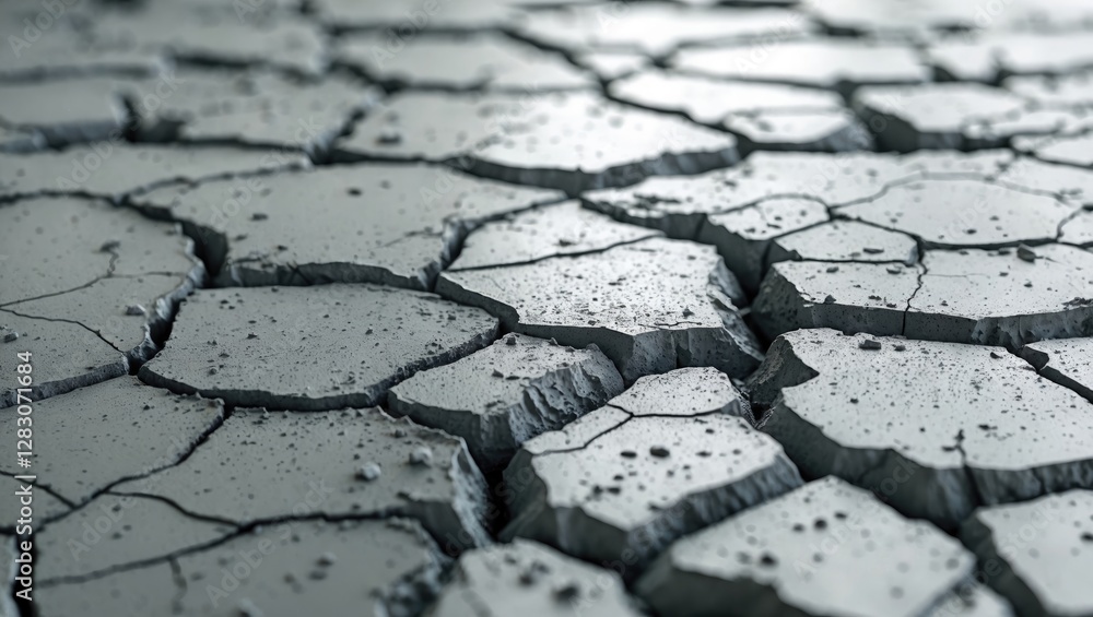 Poster Detailed close-up view of cracked concrete floor texture highlighting imperfections and pattern variations for architectural and design applications.