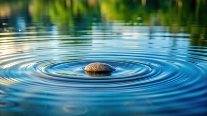 A small stone skips across the pond's surface with minimal disruption to its glassy surface, creating an illusion of perfect stillness, reflection, water