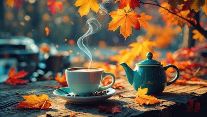 Cozy autumn morning with steaming coffee cup and teapot surrounded by colorful falling leaves on rustic wooden table.