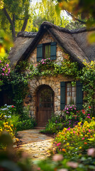 Charming Ivy-Covered Cottage in Blooming Garden: A Serene Escape with Rustic Elegance