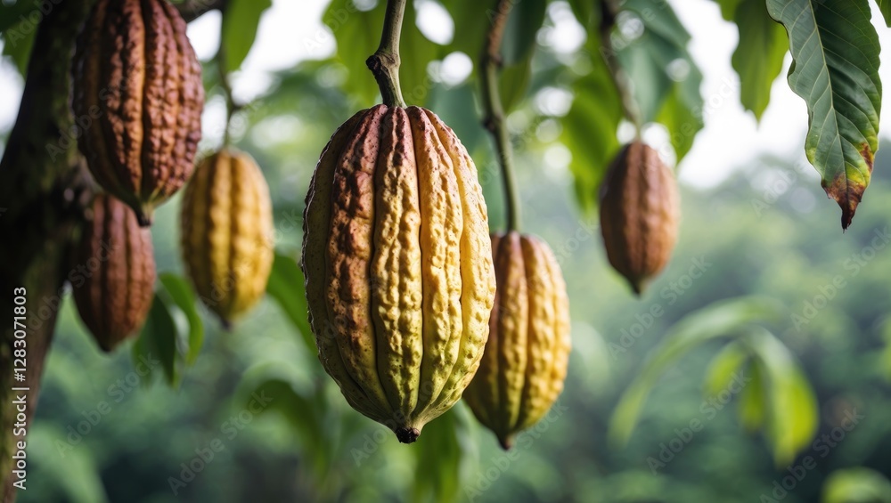 Aufkleber Cocoa Pods Ripening on Tree Branch with Lush Green Background and Space for Text in Natural Setting