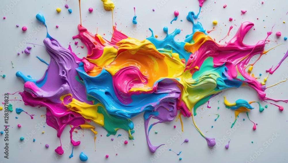 Poster Vibrant abstract paint splashes in a dynamic composition against a clean white background showcasing creativity and artistic expression.