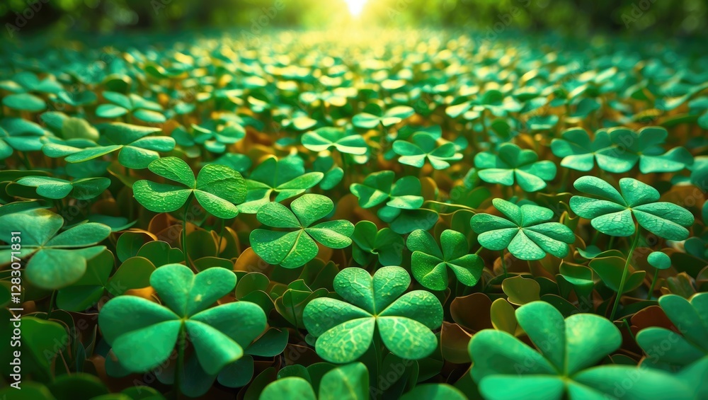 Poster lush green clover field with sunlight illuminating a vibrant natural texture creating a serene and t
