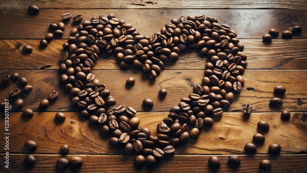 Poster heart shape created with coffee beans on rustic wooden floor in a vintage style setting. perfect for