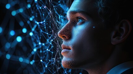 Businessman interacting with AI data network through innovative machine learning technology, ideal for visualizing the future of business processes, machine learning applications, and AI-powered