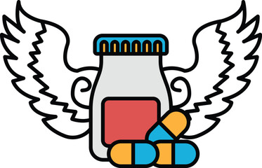 A bottle of pills is surrounded by wings and is placed on a white background