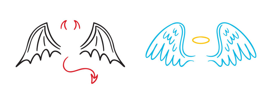 angel and demon wings doodle hand drawn icon set. Outline drawing line clipart symbol collection. good and evil concept