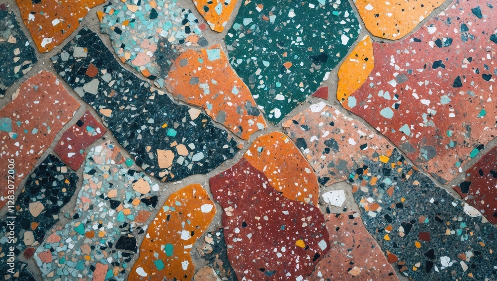 Poster colorful textured terrazzo floor pattern in abstract design showcasing vibrant hues and intricate st
