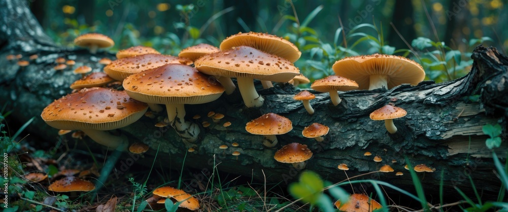 Poster vibrant mushrooms thriving on a fallen tree trunk amidst lush green weeds in a serene forest setting