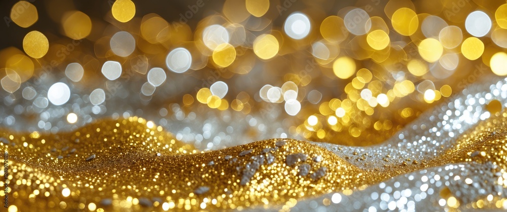 Poster golden and silver glitter bokeh texture background with abstract shimmering waves for festive and ce