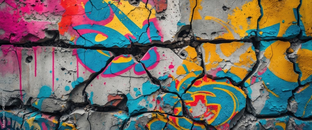 Poster vibrant graffiti texture on cracked concrete wall showcasing colorful patterns and artistic expressi