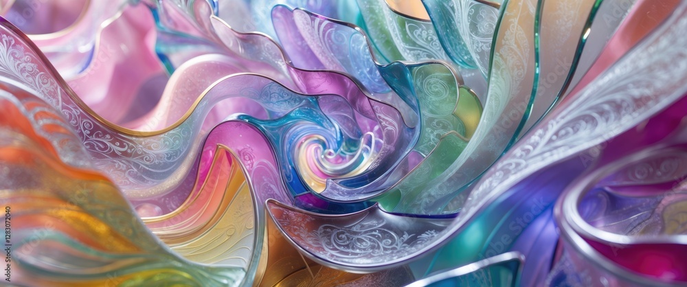 Poster colorful abstract design of swirling glass patterns showcasing vibrant hues and intricate detailing 