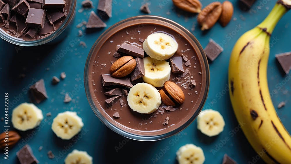 Poster healthy chocolate banana smoothie topped with nuts and chocolate pieces on a vibrant background with