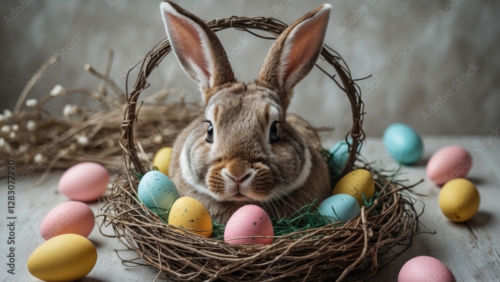 Poster Easter Bunny Nest Surrounded by Colorful Eggs with Empty Space for Text in a Creative and Playful Spring Setting
