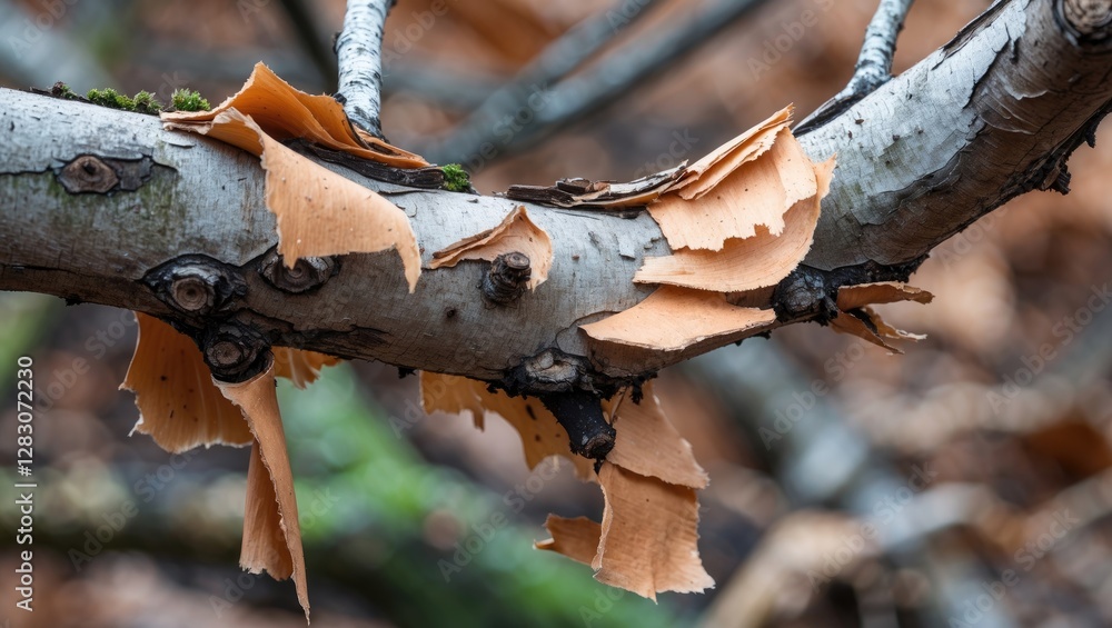 Poster Close up of tree branch with peeling bark showcasing texture and natural wood patterns in a forest setting.