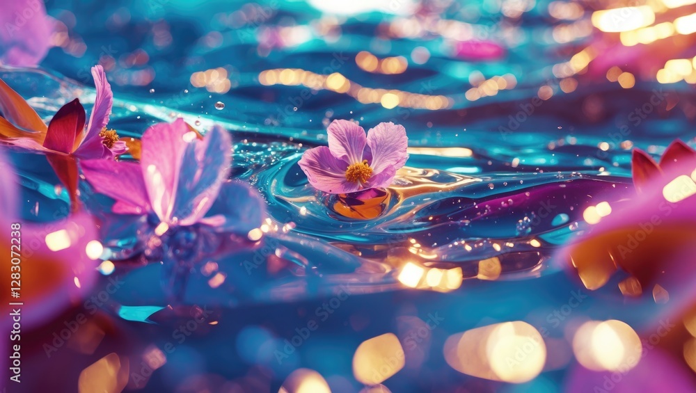 Aufkleber Vibrant close-up of water with floating flowers and shimmering reflections creating an abstract and colorful water surface scene