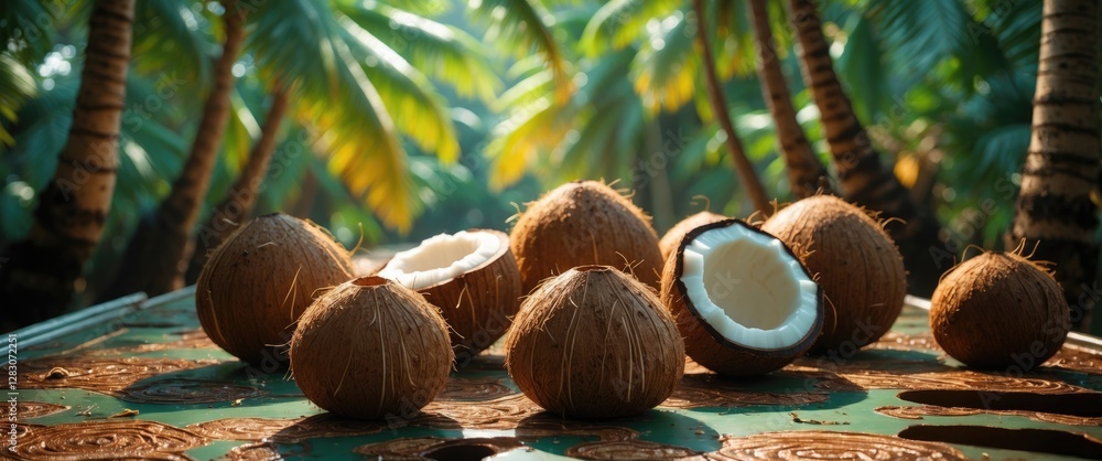 Poster fresh coconuts on a vibrant tropical background showcasing their textured shells and creamy interior