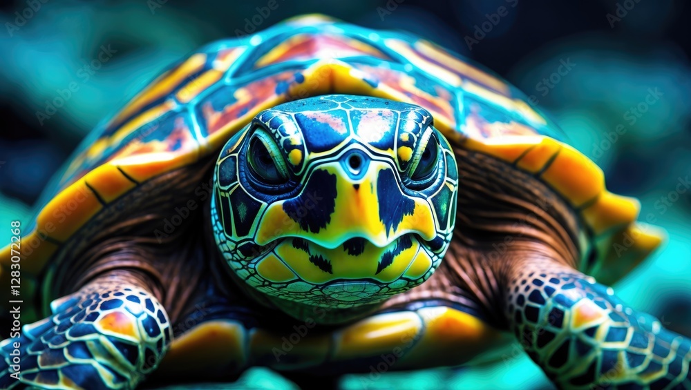 Poster Close-up view of an Indian star turtle showcasing intricate shell patterns and vibrant colors in a natural habitat setting.