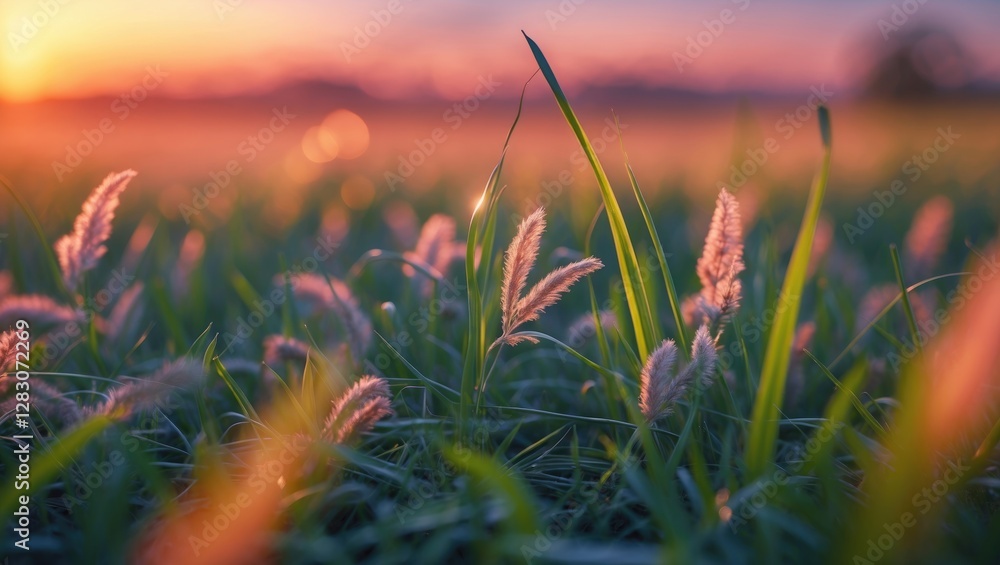 Poster Close-up view of soft grass field illuminated by sunset light creating a serene and natural atmosphere with gentle bokeh effect.