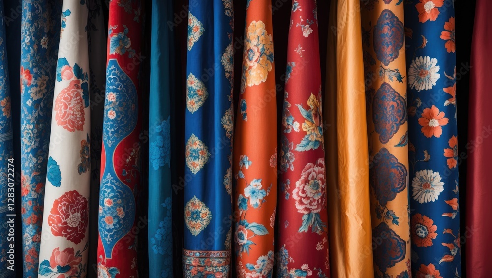 Poster vibrant collection of traditional oriental style fabrics showcasing intricate patterns and rich colo
