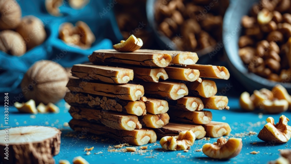 Poster Stacked walnut tree pieces on a vibrant background with scattered walnut kernels and space for text, ideal for natural product designs.