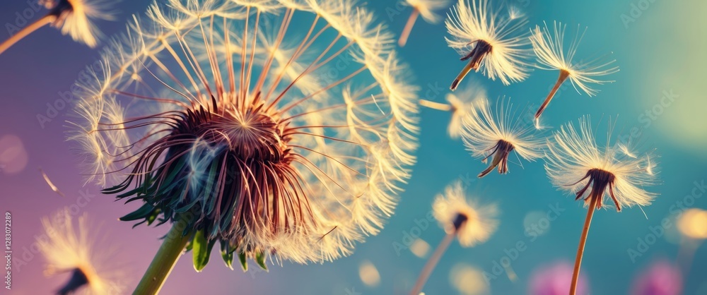 Poster delicate dandelion seeds in the air against a colorful gradient background
