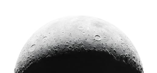 Moon surface with craters and shadows, isolated on transparent cutout background