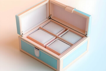 Pastel blue jewelry box with four compartments.