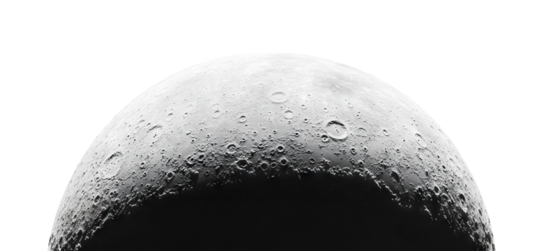Moon surface with craters and shadows, isolated on transparent cutout background