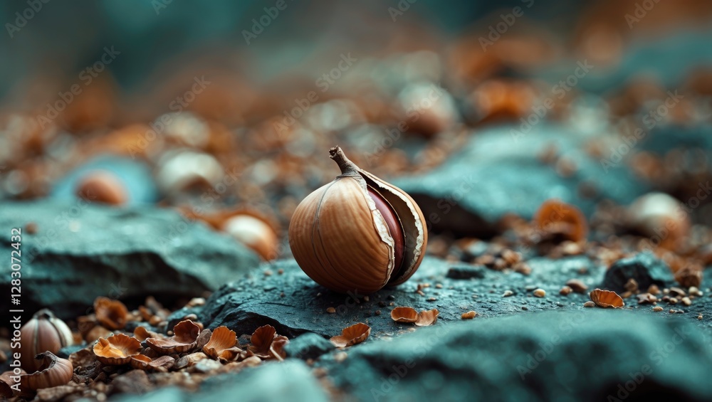 Poster Close up view of a single chestnut in its shell resting on rocky terrain surrounded by scattered nut shells and autumn leaves.