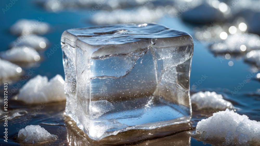 Poster close up of a crystal clear ice cube surrounded by soft snow, reflecting light in a serene winter la