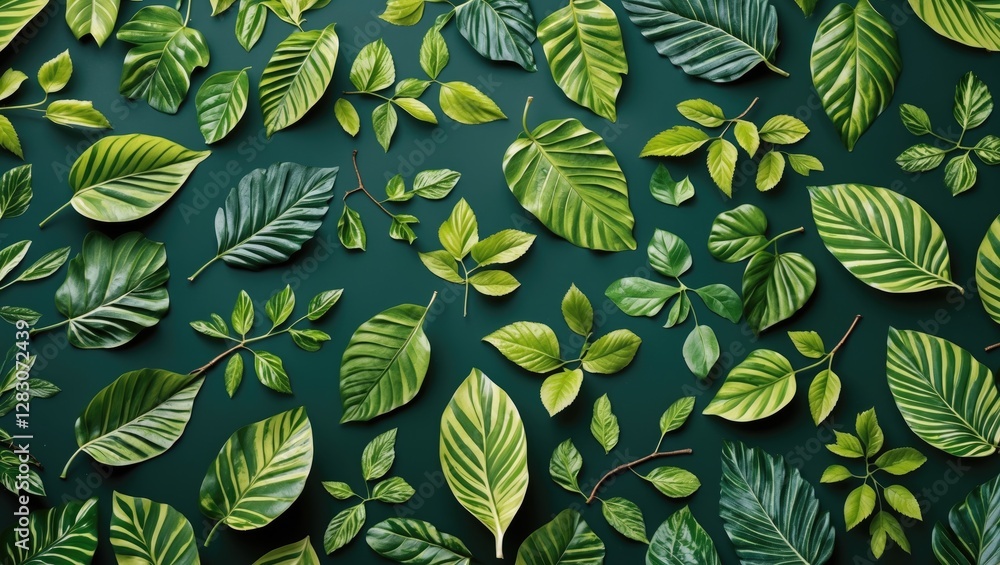 Poster vibrant green leaf pattern on a dark background showcasing diverse foliage with space for text or de