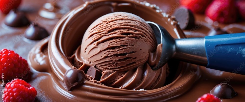 Poster closeup of a delicious chocolate ice cream scoop surrounded by chocolate drizzle and fresh raspberri