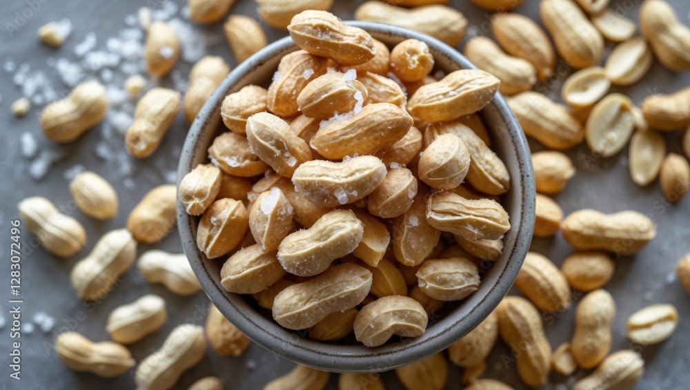 Poster Closeup overhead view of salted peanuts in a bowl surrounded by scattered peanuts on a neutral background for food styling and textures.