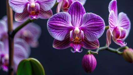 Fototapeta premium Close up view of vibrant pink and purple orchid flowers showcasing intricate textures and colors on a dark background.