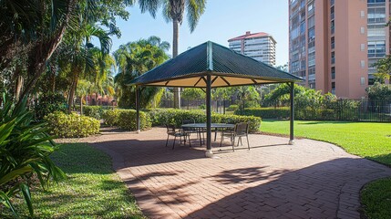 Acrylic-roofed pavilion in a lush backyard, creating a perfect relaxation spot
