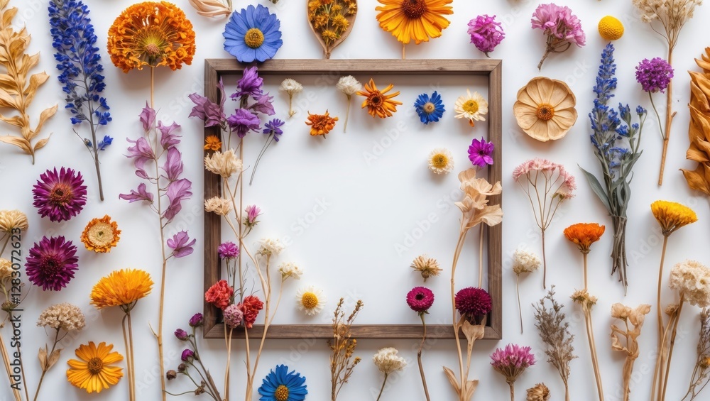 Poster colorful dried flowers arranged around a wooden frame on a white background creating a vibrant and a