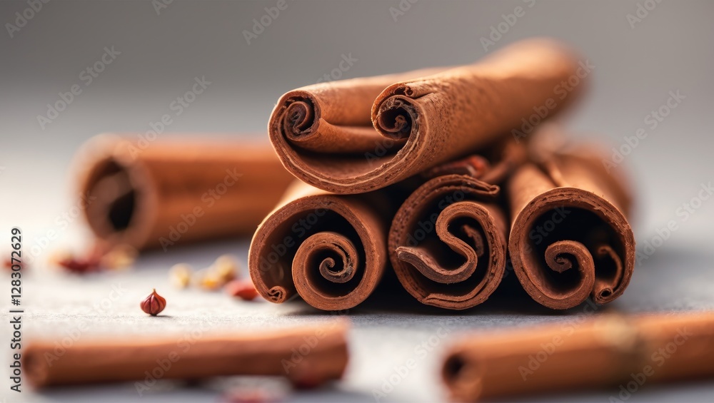 Poster Cinnamon sticks stacked elegantly displaying their rich texture and color on a softly blurred background for culinary and aromatic concepts.