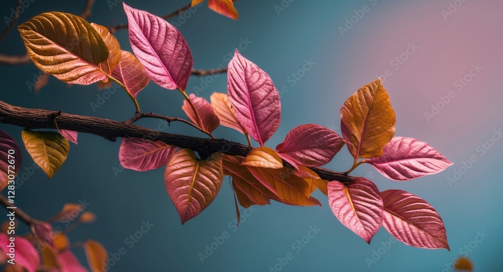 Poster Vibrant close-up of colorful textured leaves on a branch against a soft blurred background highlighting nature's beauty and detail