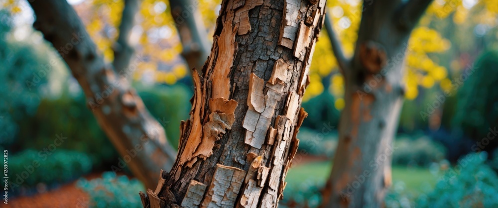 Poster Closeup of dry bark on an old tree with intricate textures and a softly blurred garden background highlighting autumn colors.