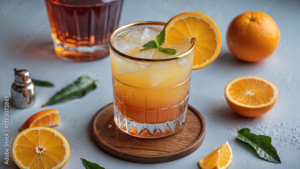Poster refreshing citrus cocktail with liqueur and ice mint garnish surrounded by fresh oranges and slices 