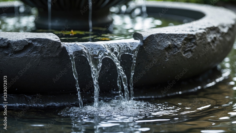 Aufkleber water cascading over a dark stone fountain edge creating a serene atmosphere in a tranquil garden se