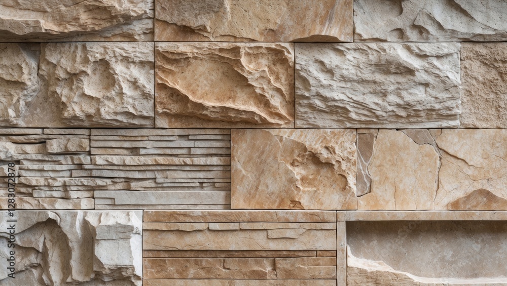 Poster Textured travertine stone wall surface showcasing intricate patterns and colors for decorative or architectural applications
