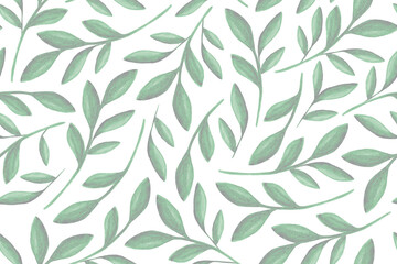 Seamless pattern of green watercolor plants on a white background. Spring nature watercolor background