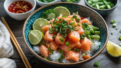 Vibrant Salmon Poke Bowl with Fresh Ingredients and Toppings Served in a Decorative Bowl for Healthy Dining Experience